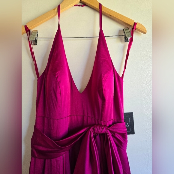 Ieena for Mac Duggal,Charmeuse Halter Strap Soft Tie Waist Gown, Magenta, Size 4 - Picture 6 of 12